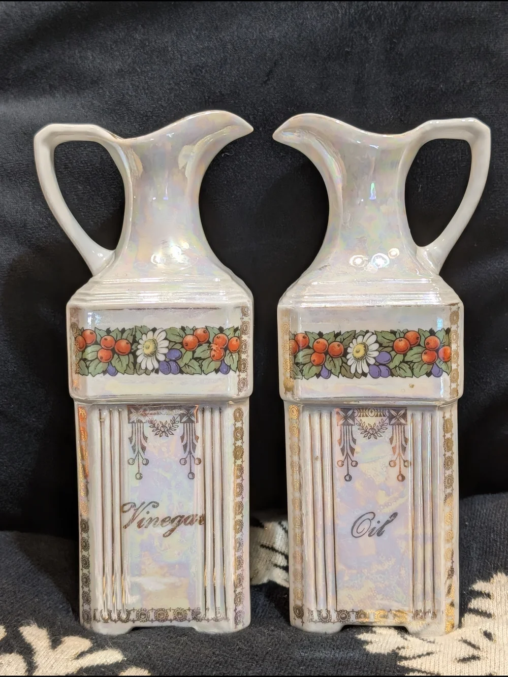 Iridescent White Ceramic Oil and Vinegar Antique German Porcelain Set